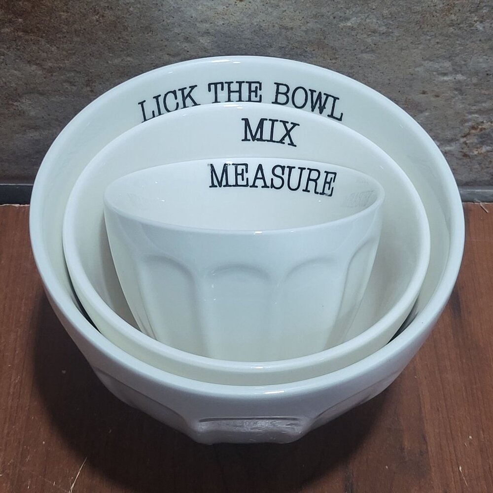 Home Essentials White Dinnerware Bowl Measure Mix Lick the Bowl Set of 3